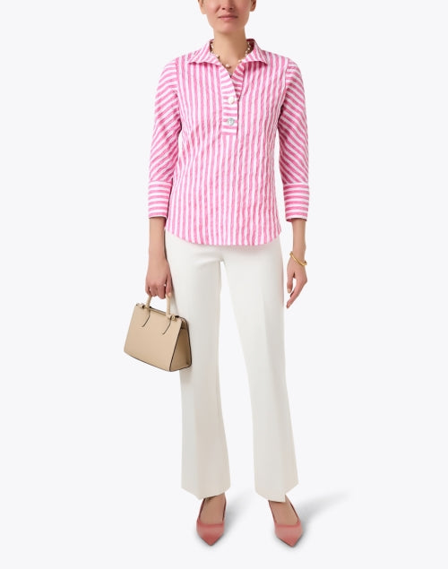 Stylish Pink and White Striped Stretch Cotton Blend Blouse