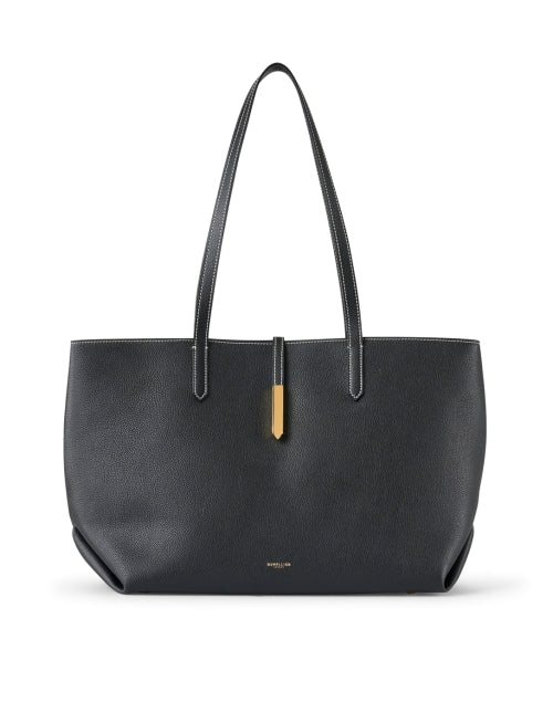 Stylish Tokyo Black Fine - Grain Leather Tote Bag with White Contrast Stitching
