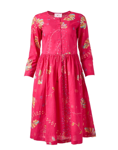 Stylish Fuchsia Print Mini Cotton Dress with Gathered Waist