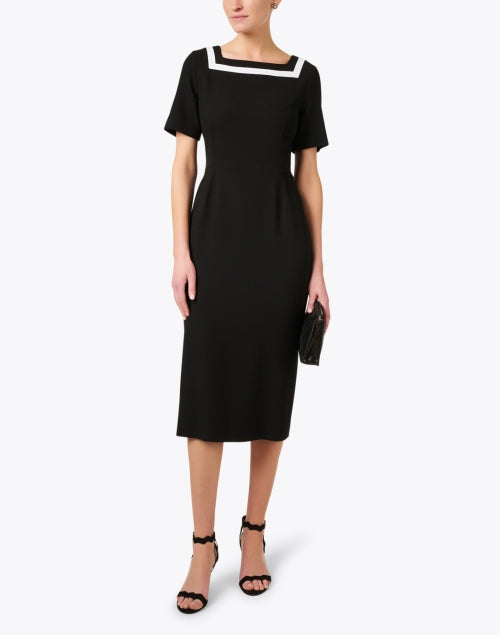 Stylish Black 100% Wool Crepe Davina Dress with White Trim