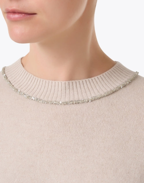 Stylish Beige Wool-Silk-Cashmere Embellished Sweater with Metallic Neckline