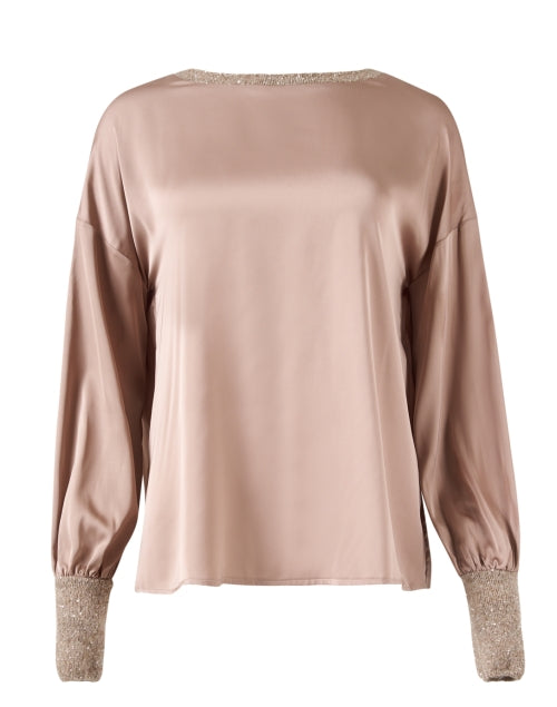 Elegant Beige Satin Long Sleeve Top with Sequin Accents