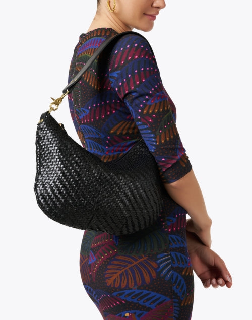 Mid - Sized Black Hand - woven Leather Messenger Bag for Everyday Use