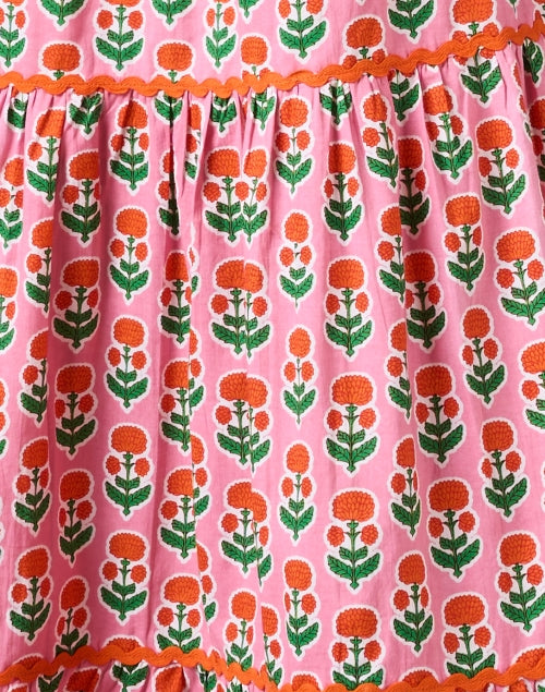 Calypso Pink Hand - Block Printed Floral Midi Dress with Ruffle Collar