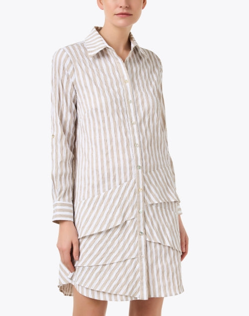 Stretchable Beige and White Striped Cotton Asymmetric Tiered Shirt Dress