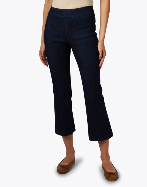 Leo Signature Dark Wash Elastic Waist Cropped Flared Denim Pull-On Pants