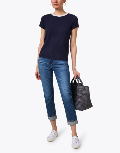 Navy Blue Cashmere Ringer Style Crew Neck Top for Spring and Summer
