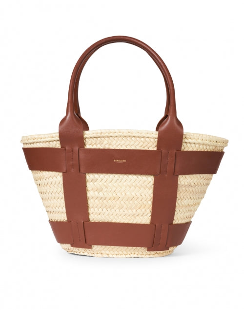 Santorini Handmade Cognac-Colored Leather and Raffia Straw Top-Handle Tote Bag