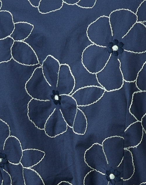 Navy Blue Floral Embroidered Cotton Blend Shirt Dress