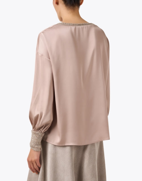 Elegant Beige Satin Long Sleeve Top with Sequin Accents