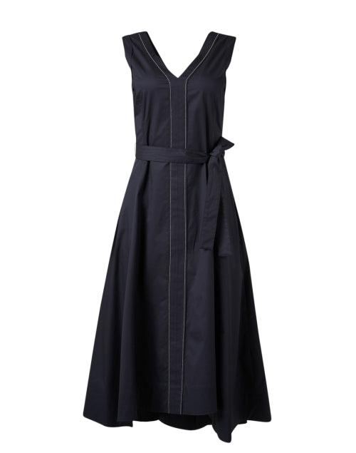 Navy Blue Crisp Cotton A-Line Women's Dress with Metallic Trim and Self-Tie Waist