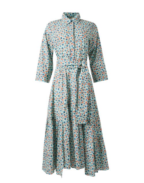 Stylish Blue and Orange Multi - Printed Midi Dress with Self - Tie Belt