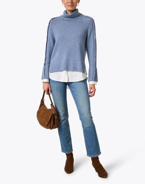Stylish Blue Wool Cashmere Layered Turtleneck Sweater for All Seasons