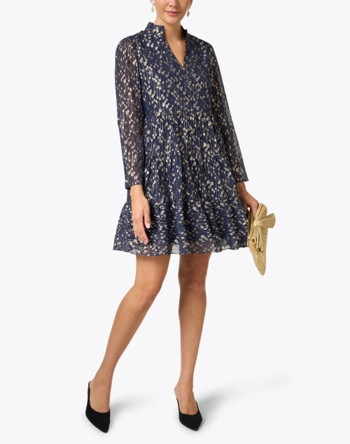 Stylish Navy and Shiny Gold Metallic Print Women's Dress for Casual Wear