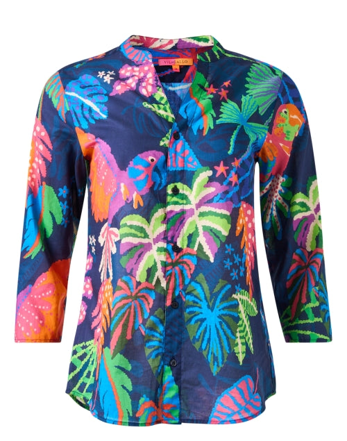 Juliet Navy Women's Tropical Print Button-Front Blouse for a Carefree Look