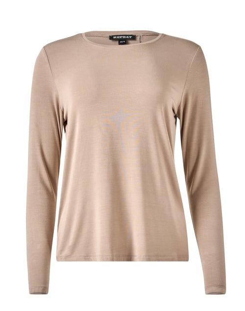 Versatile Lightweight Beige Jersey Round - Neck Long - Sleeve Top