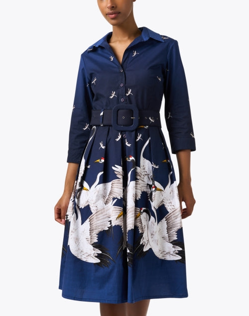 Audrey Navy Blue Crane Patterned Cotton Stretch Women's Shirt Dress