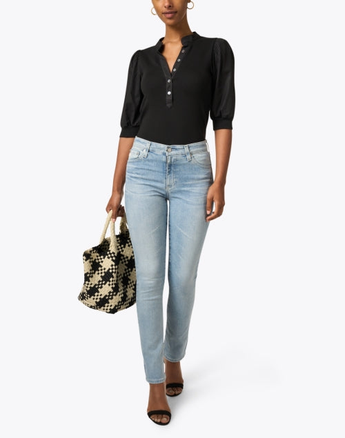 Women's Coralee Black Jersey Blouse with Puff Sleeves