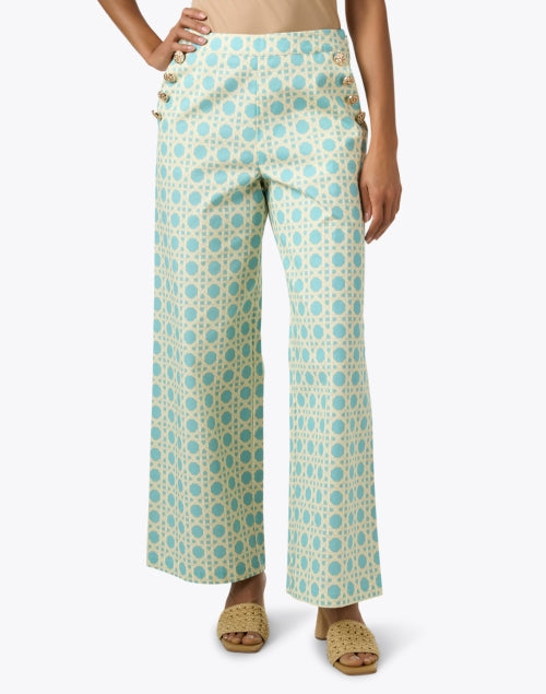 Antonella Women's Wide Leg Cotton Pants with Blue Basketweave Pattern and Gold Button Detailing