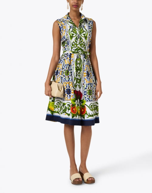 Stretch Cotton Audrey Indigo Tile Pattern Print Women's Dress