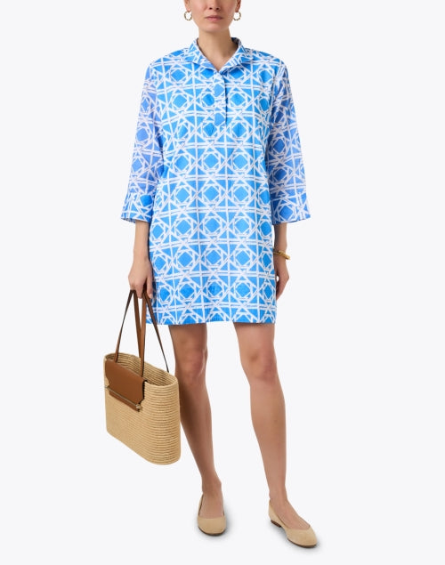 Helen Women's Blue Cotton Dress with Intricate Rattan Print