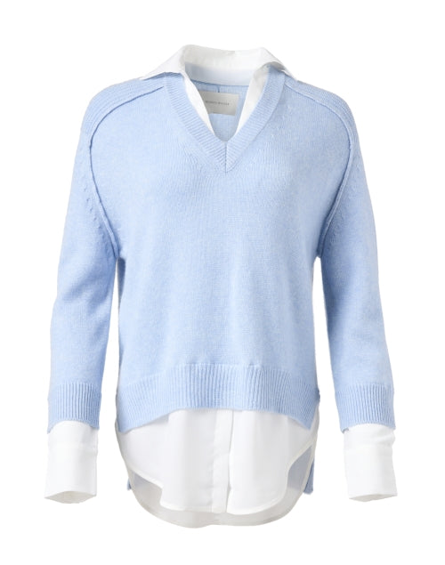 Stylish Sky - Blue Cashmere Blend Sweater with White Shirt Detailing
