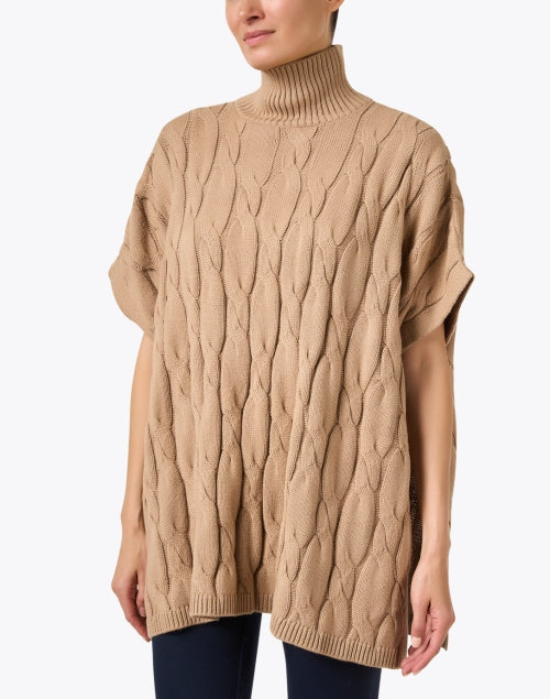 Soft Tan Cable-Knit Poncho-Style Alpaca-Cotton Blend Sweater