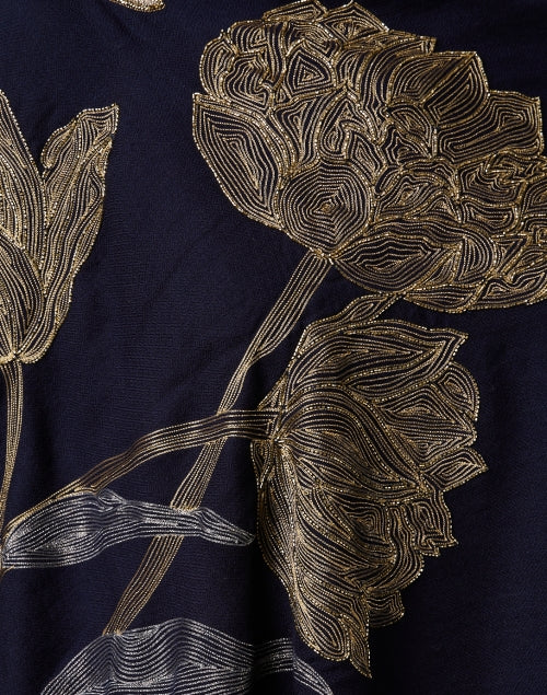 Exquisite Hand-embroidered Navy Merino Wool Scarf from India
