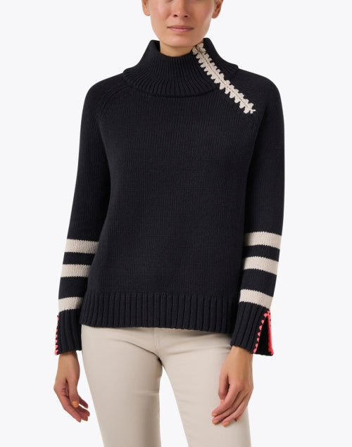 Stylish Black Zip-Up Sweater with Contrast Stitch and Ribbed Trim