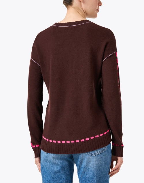 Chic Dash Brown 100% Cashmere Sweater with Pink Stitch Detailing