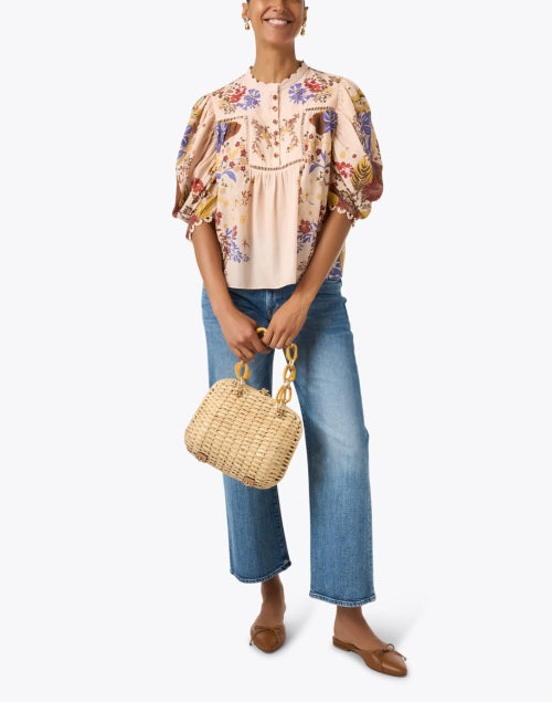 Charming Pink Floral Print Cotton Blouse with Puff Sleeves