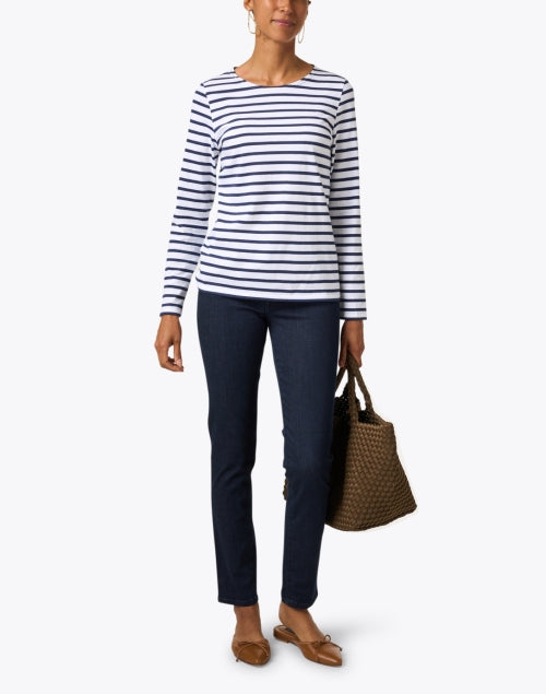 Minquidame Luxury Cotton Top with Classic White and Navy Stripes for Casual Wear