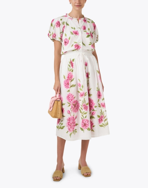 Camila Cotton Midi Skirt with White Floral Print