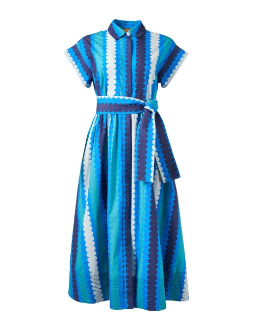Meko Stylish Blue Striped Cotton Shirt Dress with Self - Tie Belt