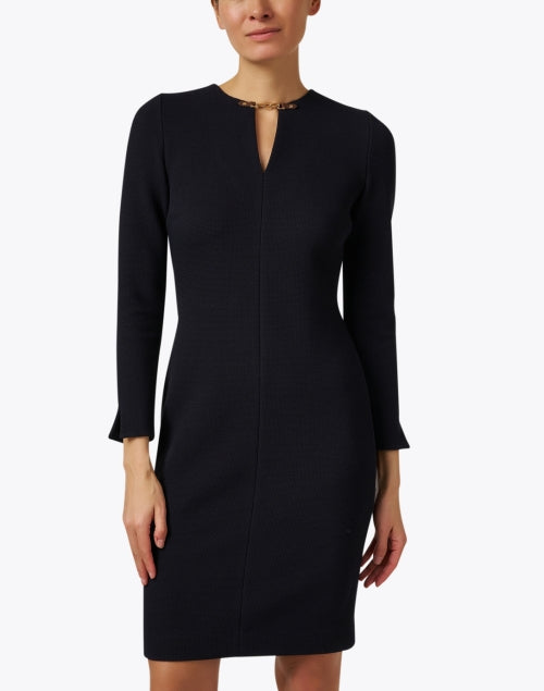 Stylish Navy Blue Cotton Blend Sheath Mini Dress with Gold Chain Neckline