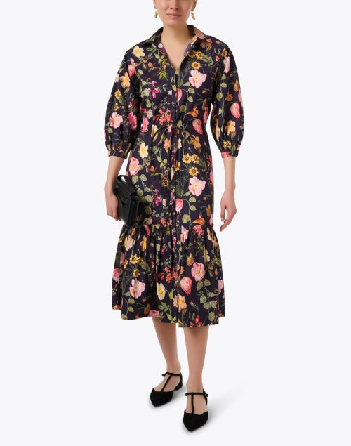 Navy and Multi - colored Floral Print Cotton Women's Shirt Dress by Hutton