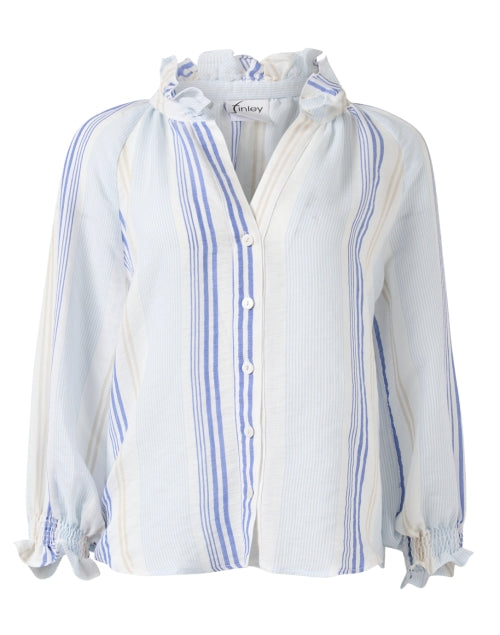 Fiona Women's Blue and White Striped Voile Button - Front Ruffled Shirt