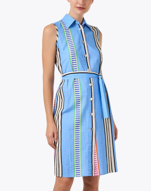 Stylish Mariya Blue Striped Seersucker Sleeveless Dress with Self - Tie Belt