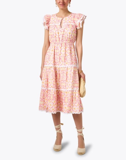 Sail to Sable Pink Medallion Patterned Ric Rac Trimmed Linen Blend Tiered Dress