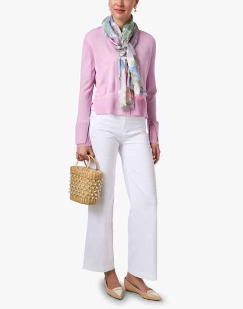 Stylish Lavender Wool Knit Cardigan with Pleated Cuffs
