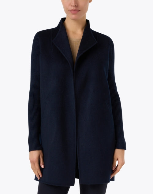 Stylish Navy Wool and Cashmere Blend Open - Front Coat