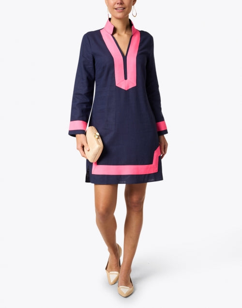 Navy and Bright Pink Color-Blocked Linen Tunic Dress for Coastal Wear