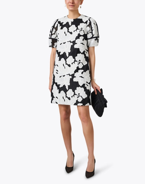 Elegant Black and White Floral Embroidered Mini Shift Dress for Women