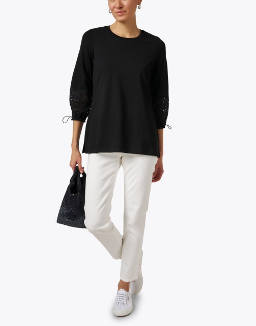 Stylish Black Stretch Pima Cotton Top with Eyelet Cuff Detail