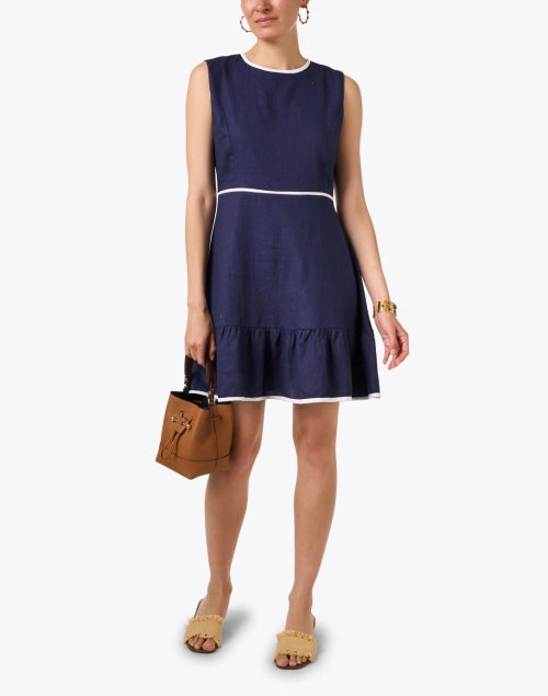 Stylish Navy Linen Blend Ruffle Hem A-Line Dress for Beach