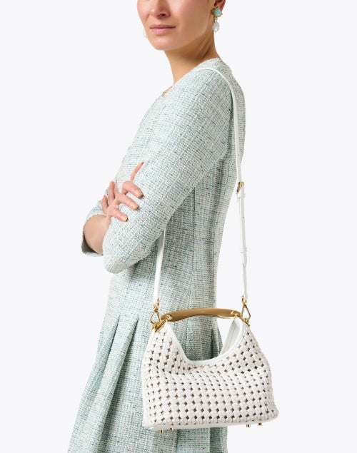 Elegant White Woven Leather Boomerang Handbag for Fashionable Women