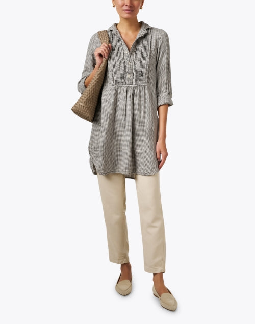 Annette Women's Beige Check Patterned Cotton Casual Tunic Top for Weekend Wear