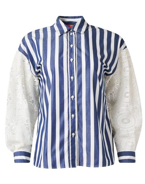 Stylish Vernen Blue and White Striped Blouse with Lace Balloon Sleeves