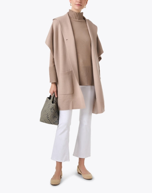 Stylish Taupe Wool-Cashmere Blend Knit Poncho for All Seasons