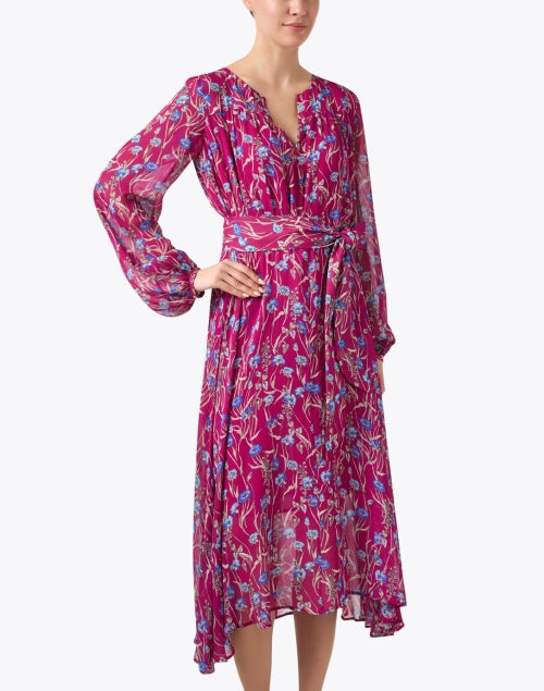 Aubree Magenta Lightweight Floral Print Dress with Tie Belt